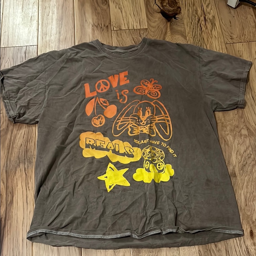 Gray T-Shirt with Orange and Yellow Graphic